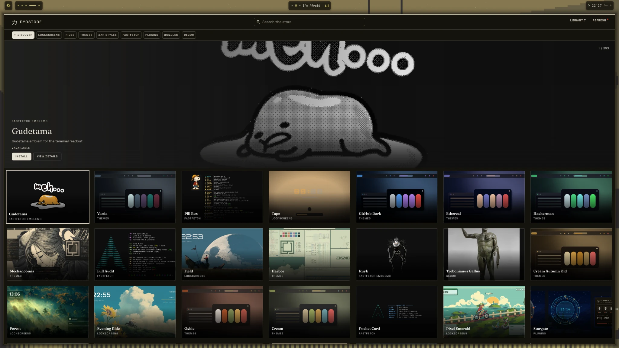 RyoStore displaying themes, lock screens, Fastfetch designs and plugins